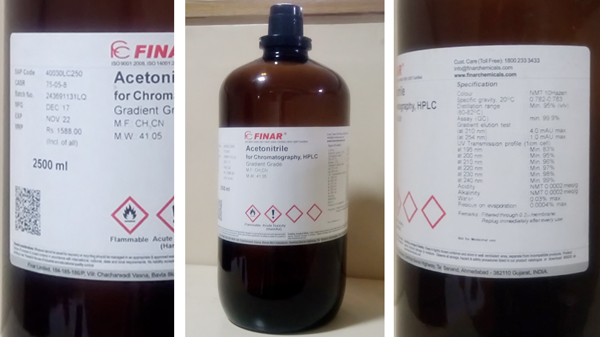 label details on HPLC grade solvent bottle
