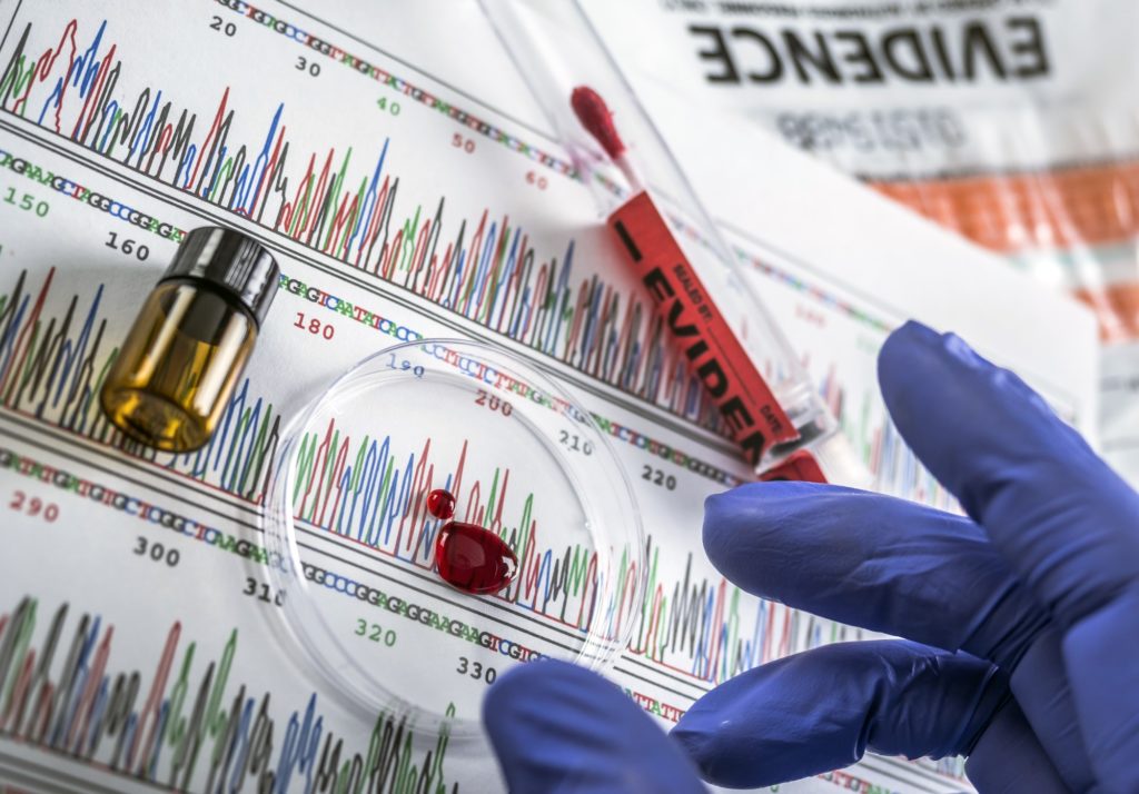 Police expert examines blood sample disk petri in search of DNA test, conceptual image